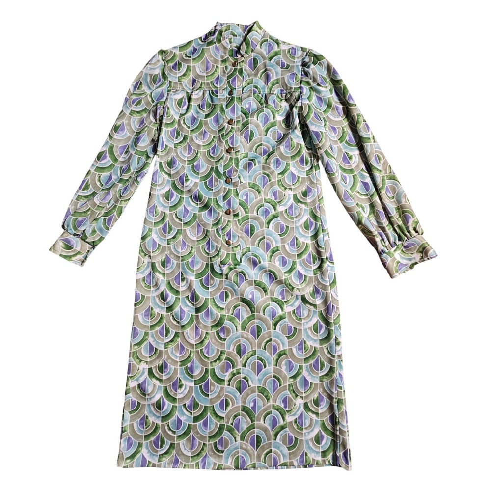 Vintage Geometric Print Midi Dress Womens 12 Art To Wear Prairie 70s Mod Retro